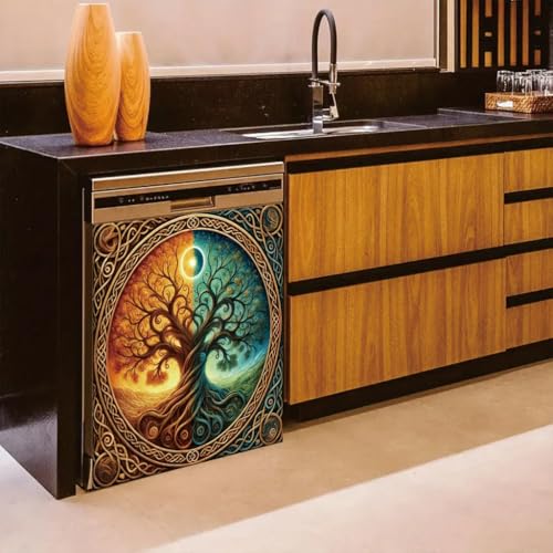 2D Flat Celtic Tree of Life Sun and Moon Dishwasher Cover 23x26 Inch Day and Night Panel Decal Washer Refrigerator Door Cover Kitchen Appliance Decorative Spiritual Symbolic Home Decor Style 2