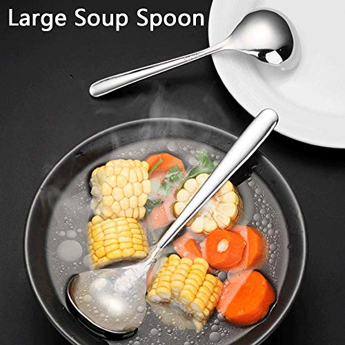 Set of four 6.7-inch Qualizon 18/8 stainless steel mini soup ladles, deep spoon for serving soups and broths.