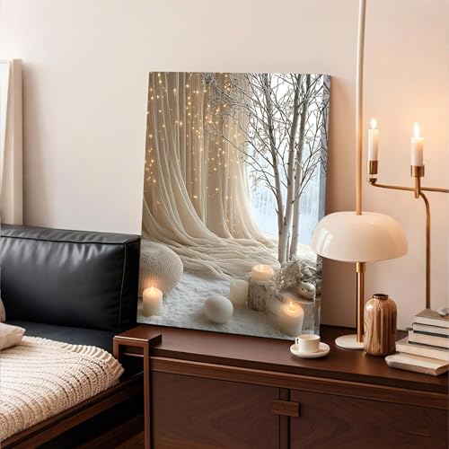 Qiukoo Canvas Wall Art Framed – Cozy Neutral Candle Lights Artwork, Soft Winter Hygge Style Wall Decor for Bedroom, Living Room, Hallway or Entryway Home Decoration, with Hooks and Nails, 12x16 Inch 40L x 30W cm