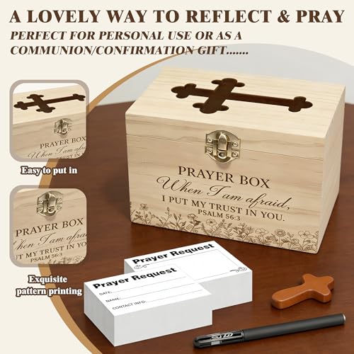 Prayer Box with Slot,200 Catholic Prayer Request Cards-Pen and Cross Jewelry Gifts,Used for Daily in Church Worship and Religious Devotions,Christian First Communion Gifts. (200) 200