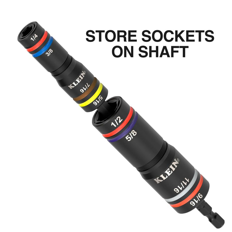 Klein Tools 654QS KNECT Quad Socket, 16 Sizes in 4 Sockets, 4-in-1 Color Coded SAE and Metric Impact Rated, Deep-Well Heavy Duty, 1/4-Inch Drive, 3-1/2 and 6-1/2-Inch Shaft 8 SAE + 8 Metric Sizes