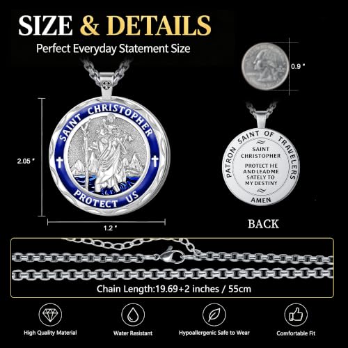 Saint Medal Necklace, Catholic Faith Jewelry, Religious Gift Silver Blue Saint Christopher