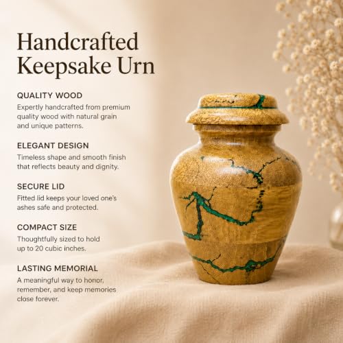 Wooden Keepsake Cremation Urns for Human Ashes, Handmade Mango Wood Urn with Green Resin Inlay, Decorative Funeral Box, Small 20 Cubic Inches Small 20 Cu/In