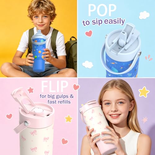 Kids Insulated Tumbler with Lid & Straw, 20 Oz Water Bottle Bow Heart + Strawberry 2
