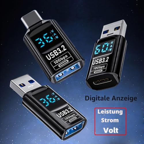 chenyang 3 Pack USB Digital Display Adapter, USB 3.2 10Gbps PD 36W/60W Data Transfer Quick Charge Power Meter Tester Converter Adapter Combination 1