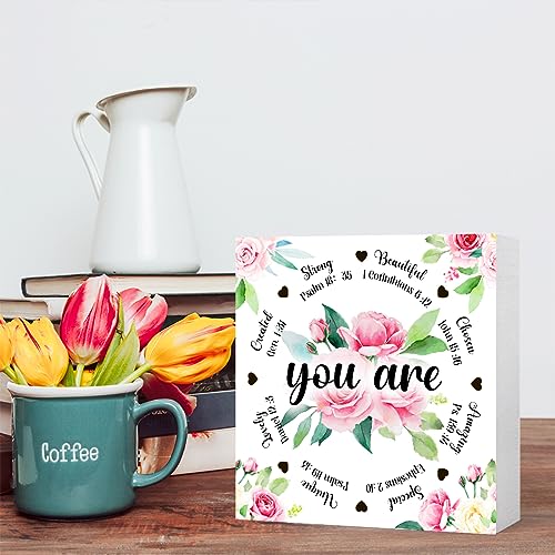 Inspirational Wood Box Sign Christian Wooden Block Signs The Bible Verse Quote Desk Décor for Home Office Bedroom Table Décor,Religious Gifts Christian Gifts for Women You Are Created
