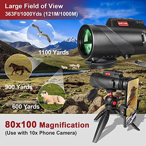 80x100 Monocular Telescope for Smartphones - High Powered HD Monocular with Tripod & Adapter, Low Light Vision for Adults - for Wildlife, Bird Watching, Hunting, Hiking 80x100
