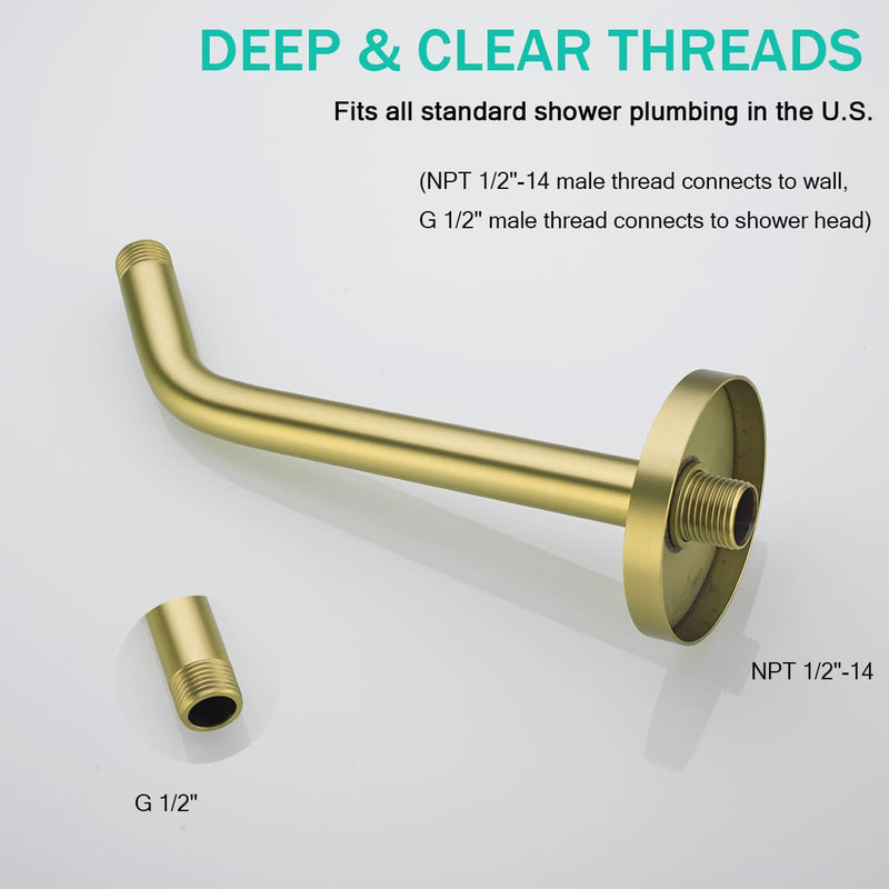 10 Inch Shower Arm with Large Flange,Brushed Gold Wall-Mounted Stainless Steel Shower Pipe Replacement for Fixed and Handheld Shower Heads,SE-RD91018-10BG Round Flange-10″Brushed Gold