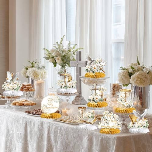 First Holy Communion Honeycomb Centerpieces, Baptism Decorations, God Bless Religious Table Centerpiece, First Communion Table Decor, Baptism Christening Baby Shower Birthday Party Decorations 9PCS