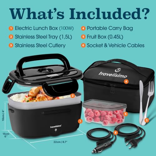 TRAVELISIMO Electric Lunch Box for Adults 100W Heated Lunch Box For Men 1.5L Stainless Steel Portable Food Warmer, 12/24/110V for Travel & Work, Loncheras Electricas Para Calentar almuerzo Black