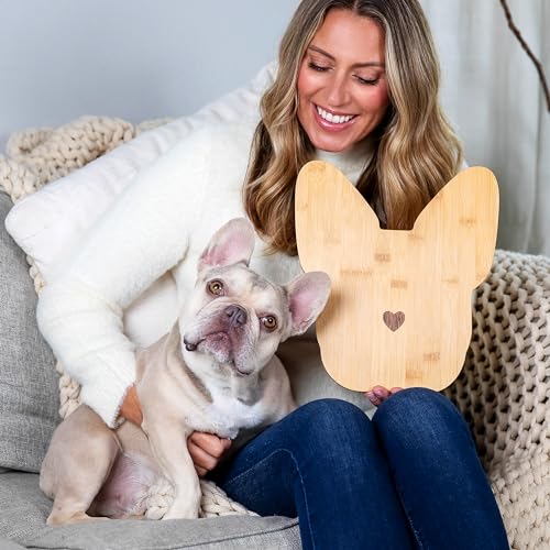 Polished Bamboo Frenchie Cheese Board/Cutting Board Set w/Matching Knife & Fork - 12.2" x 10.8 - Giftable French Bulldog Charcuterie Board