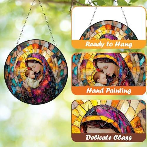 Madonna Child Stained Glass Hanging, Christian Suncatcher Decor Virgin Mary and Baby Jesus