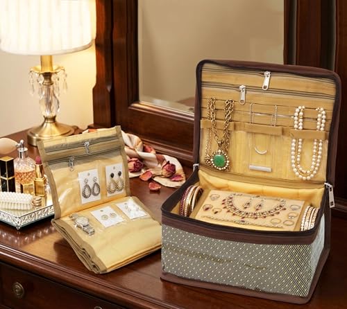 atorakushon Nylon MakeUp Organizer Case Travel Jewelry Bag Transparent Ring Earring Storage Box for Bracelet Pendant Holder with 7 Clear Zippered Pouch Brown
