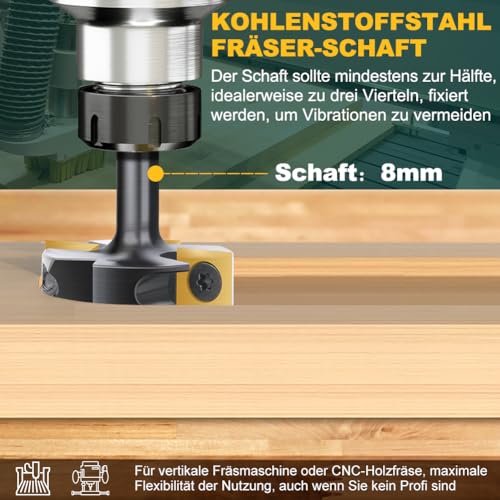 Face Milling Cutter 8mm Shank Groove Milling 38.1mm Cutting Diameter | Face Milling Cutter for Router CNC Wood Cutter with 4 TiN-coated Carbide Blades 12 x 12 mm 4Z S=8mm D=38.1mm L=60mm