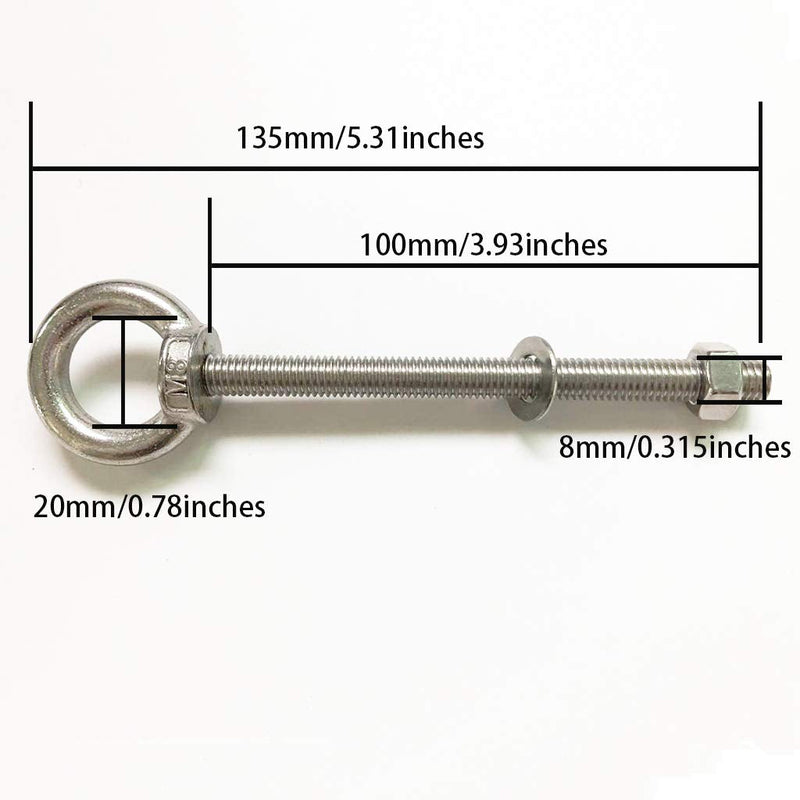 [Australia - AusPower] - Shoulder Eye Bolt, 2 Pack M8 Stainless Steel Eye Bolts 4" Heavy Duty EyeBolts Screws in Eye Hooks with Washer and Nuts for Lifting and securing Cables Wires, Long Shank Thread Length 100mm 2pcs 