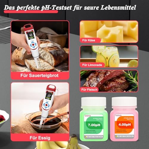 pH Meter for Food Fermentation with pH Calibration Kits, Color Display, Spear Tip, pH Food Tester with ATC for Cosmetics, Sourdough, Professional pH Test Strips