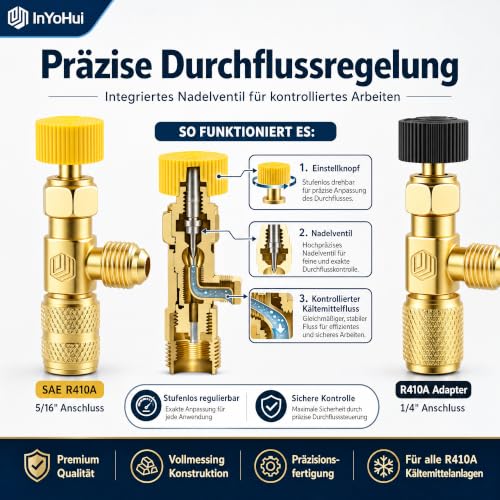 2x Refrigerant Adaptor with Needle Valve R410A R32 R22 | Set of 2 brass safety adapters for R410A, R32, R22 and R134a with precise flow control