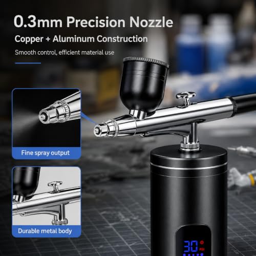 Airbrush Set with Compressor Wireless, 3-Level Adjustable Portable Airbrush Gun Set, 1000 mAh USB Rechargeable LCD Airbrush Set for Beginners Model Making, Make-Up, Tattoo, Nail Design, Cakes (Black) Black