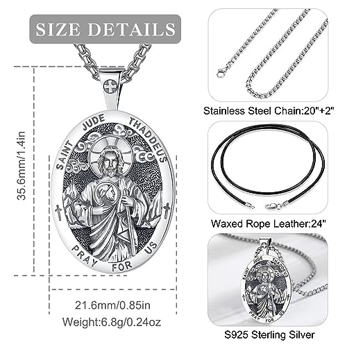 925 Sterling Silver San Judas Tadeo Medal Necklace for Women Men, Vintage Saint Jude Thaddeus Amulet Pendant Christian Catholic Jewelry Religious Gifts, 24"+20"