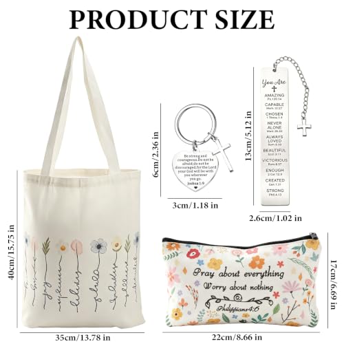 Baptism Gifts for Women - 4PCS Christian Gifts, Christian Cosmetic Bags, Flowers Bible Shoulder Bags, Bible Verse Keyring and Bookmark, Reusable Shopping Bag for Women,Religious Present for Communion