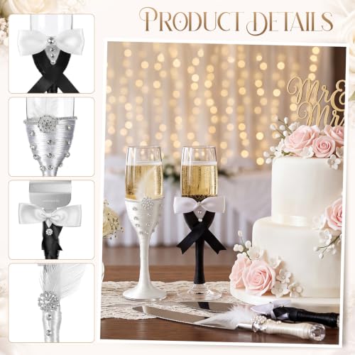 Domensi 4 Pcs Wedding Cake Knife Server Set, Black White Bride Groom