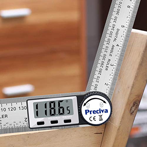 Preciva Digital Protractor with Screen Hold and 180° Rotating Function, 400 mm Angle Bevel Ruler Made of Stainless Steel for Woodwork, Home Work – Large Display