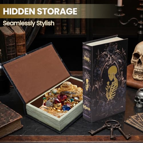 Realistic Hidden Book Safe – Skull & Black Rose Vintage Faux Book M/Golden Skull