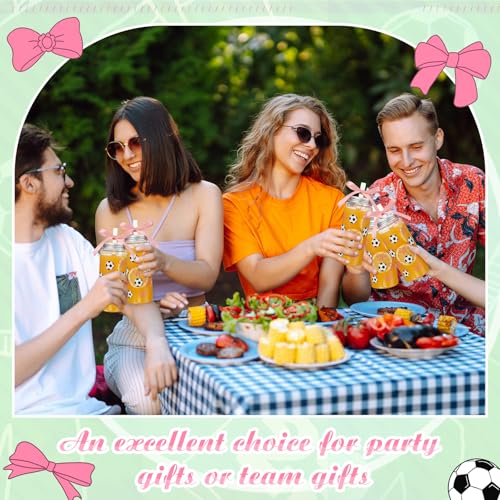 24 Pcs Soccer Plastic Cups with Lids, Straws, and Pink Ribbon, 13.5 oz Pink Bow Sports Theme Party Clear Drinking Cups Reusable Tumblers for Birthday Sports Party Team Gifts