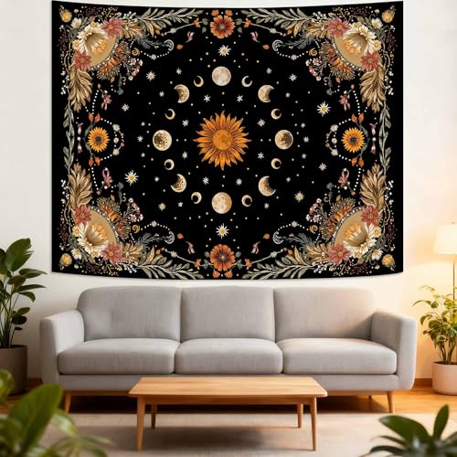 Yeoiat Tapestry Celestial Sunflower Tapestries Lunar Phase Wall Hanging Black and Gold Boho Fine Art Decor Bedroom Dormitory Decoration 90"x70" 90"L x 70"W Black Orange