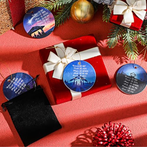 Syhood 4 Sets Christmas Nativity Ornaments 2025 Religious Nativity Scene Christmas Ornaments Ceramic Christian Bible Verse Hanging Decorations Jesus Gifts Keepsakes with Flannel Gift Bag for Xmas Tree