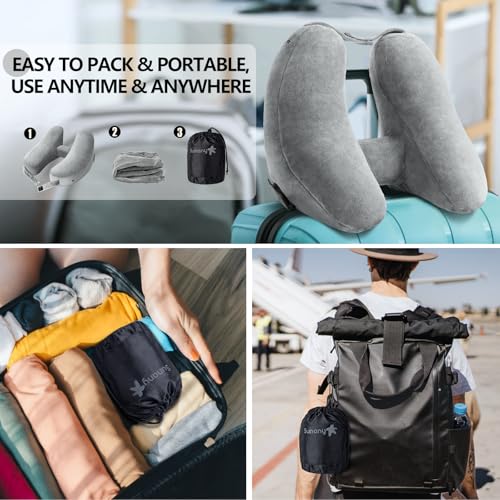 Sunany Travel Neck Pillow for Airplane Pillow Comfortably Supports Head, Neck and Chin, Inflatable Travel Pillow with Soft Velour Cover and Portable Drawstring Bag (Grey, H-Shape) Grey