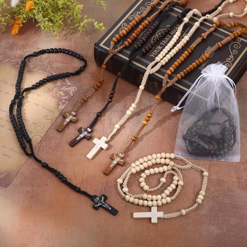 Wooden Rosary Beads Bulk,Wood Rosarios Catolicos with Jesus Holy Cross,First Communion Rosary Bulk Wooden Rosaries in Bulk With Organza Bags Rosary Catholic Baptism Church Present for Men Women 24 pcs