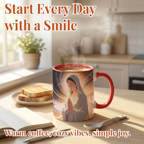 Virgin Mary Ceramic Mug, Glowing Light Abstract Coffee Mug with Praying Blessed Mother Illustration Design, Christian Faith Spiritual Drinkware for Prayer Reflection Home Kitchen Daily Use Red