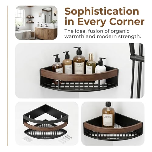 2-Pack Corner Shower Caddy with Walnut Wooden Shelf, Wall Mounted Bathroom Organizer, Matte Black Aluminum Alloy Storage Rack for Toilet, Dorm and Kitchen