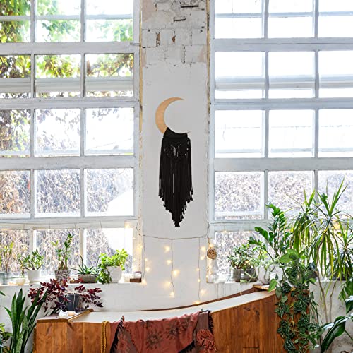 Macrame Wall Hanging Boho Moon Decor, Crescent Wooden Ornament with Tassel Black