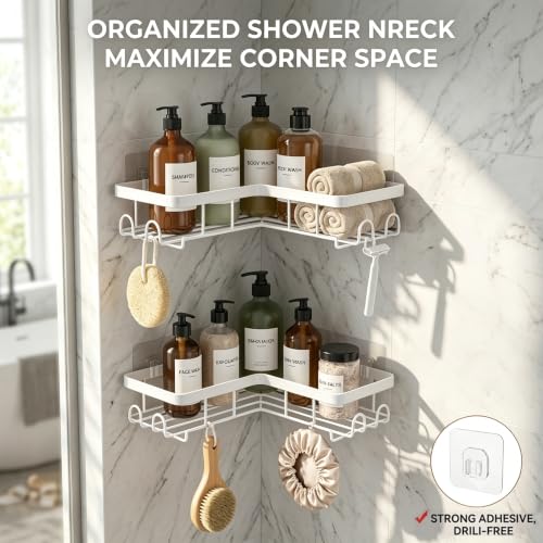 2 Pack L-Shaped Corner Shower Caddy, Rustproof Stainless Steel Adhesive Shower Shelf with Hooks, No Drill Wall Mounted Bathroom Organizer, Shampoo, Soap & Accessories Holder for Shower Storage, White 2