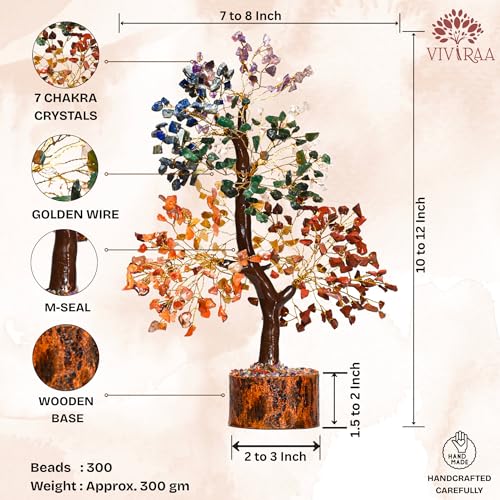 Seven Chakra Tree of Life – Handcrafted Healing Crystal Gemstone for Spiritual Balance, Good Luck, Wealth & Prosperity - Feng Shui Gift for Men Women Friends & Housewarming Office Home Decor 7 Chakra Wooden Base Golden Wire