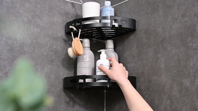VOLPONE Corner Shower Caddy with Razor Holder Adhesive Shower Shelf Corner No Drilling Bathroom Corner Shower Organizer Storage Rack (2-Pack, Black) 2