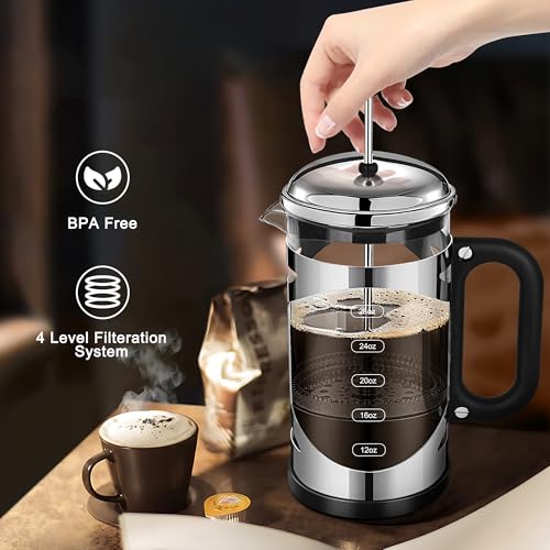 YMMIND 34 Ounce French Press Coffee Maker Chromium Stainless Steel Coffee Press, with 4-Level Filter System, Heat Resistant Thickness Borosilicate Glass, BPA-Free Brewed Coffee Pot for Camping Gifts Silvery-R 34 oz