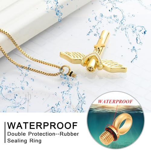 XSMZB Wings Cylinder Cremation Jewelry for Ashes Pendant Cross Urn Necklace for Ashes for Men Women Keepsake Locket Jewelry Gold