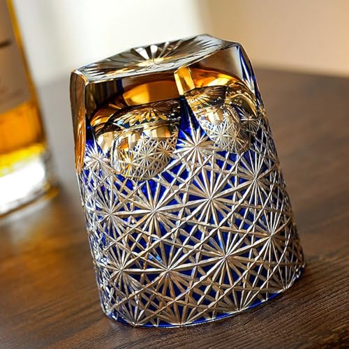 JEKE Edo style Color Hand Cut Crystal Glass Tumbler Whisky Gass 9 Oz Glassware with Luxury Gift Box,Cocktail-Vodka-Beer Drinkingware Glasses In Gift Carton (Blue) Blue