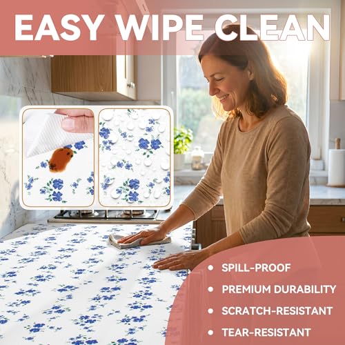 RAY STAR 18 Inch x 8 Ft Shelf Liner for Kitchen Cabinets, Non-Adhesive Cabinet Liner Washable, Drawer Liner for Dresser Non-Slip Bathroom [Blue Cream Floral](4 Rolls) Forget-me-not 18"W x 96"L 4