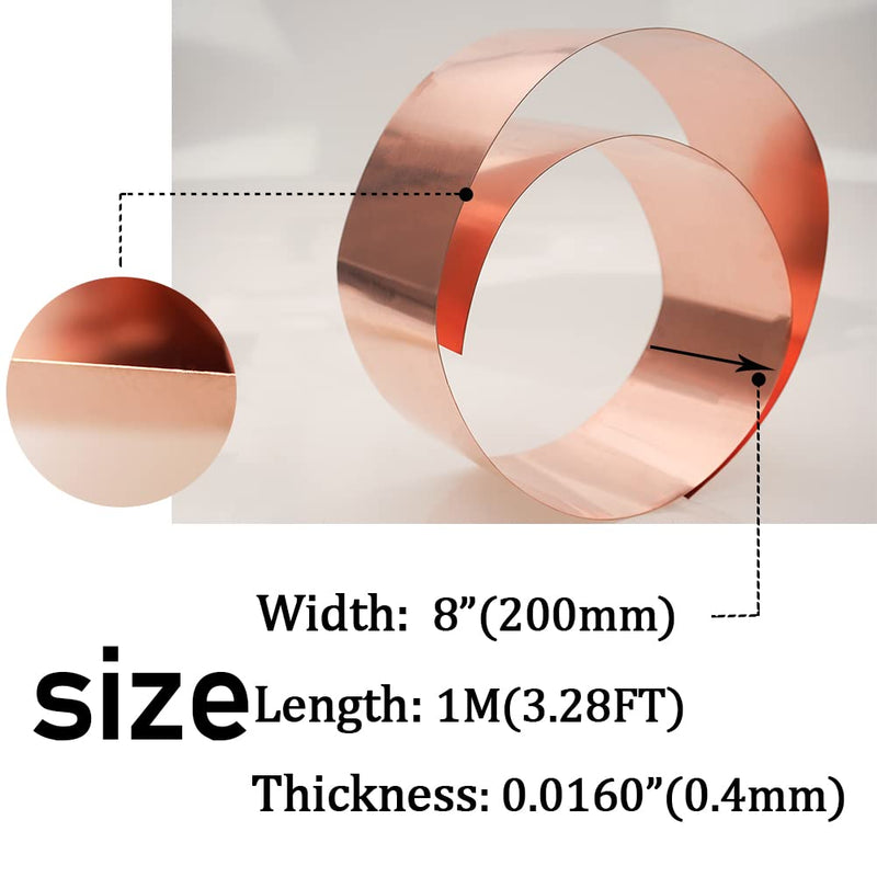 Pure Copper Metal Foil Roll, 0.4mm Thickness x 200mm Width x 1M Length, 99.9% Copper Sheet Roll Copper Strip for Jewelry, Crafts, Repairs, Electrical Thickness: 0.4mm Width：200mm
