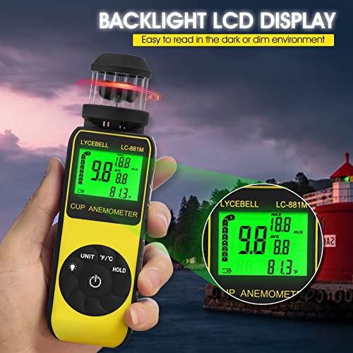 Wind Gauge, Handheld Digital Anemometer, Measures Wind Speed and Temperature with Compass, Wind Cup Anemometer for HVAC Vents, Surfing, Sailing (LC-881M)