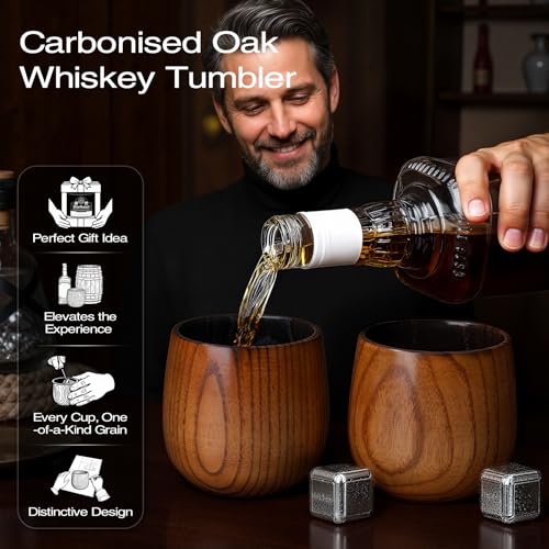 Handcrafted Wooden Whiskey Glass with Gift Tube – Charred Old Fashioned Glass,Charred Bourbon Drinking Cup | Unique Whiskey Gift for Men, Dad, Husband, Friends, Birthday & Holiday (2 Pack Charred) 2 Pack Charred