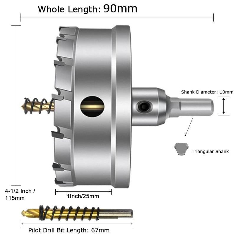 ASNOMY Tungsten Carbide Tipped Hole Saw Drill Bit for Hard Metal, 4-1/2 Inch T.C.T Hole Saw Cutter with 2pcs Titanium-Plated Pilot Drill bit for Metal, Stainless Steel, Iron, Wood, Plastic 115mm | 4-1/2''