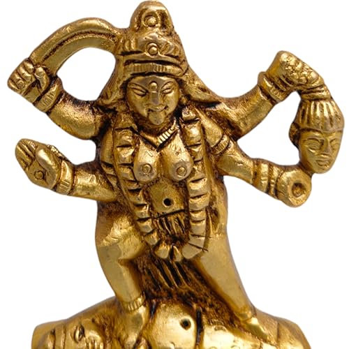 Brass Mahakali on Shiva Idol 2.5 in (150g) – Hindu Goddess Kali Statue, Handcrafted Brass Deity Figurine for Home Temple, Puja & Meditation Decor | Vastu-Inspired Spiritual Showpiece & Devotional Gift