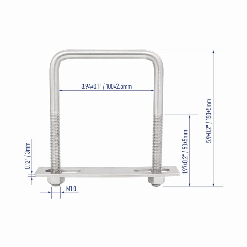 [Australia - AusPower] - 2 Sets 304 Stainless Steel Square U-Bolts 3.94"(100mm)Inner Width, 5.91"(150mm)Length Stainless with M10 Nuts, Frame Plate, Accessories for Automobiles Trailer, Boat Trailer Industrial Parts 100×150mm (W*L) 
