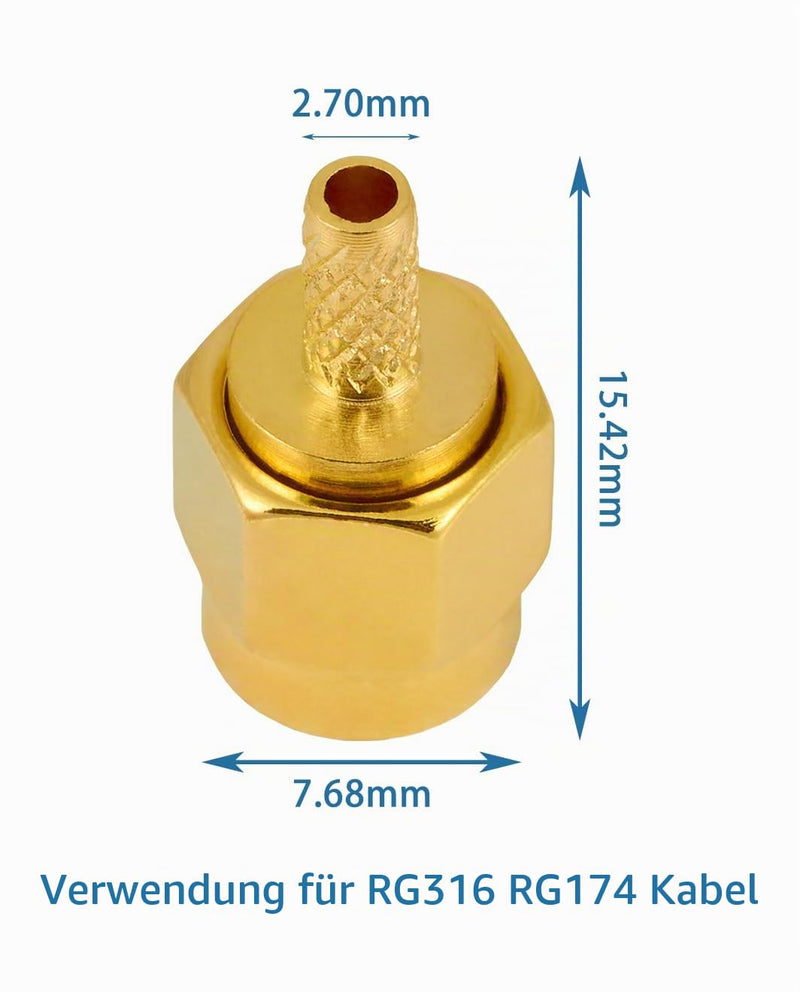 Vecys RP SMA Connectors RP SMA Male Crimp Connector for RG316 RG174 RF Coaxial Cable Pack of 10 RPSMA Male for RG174/RG316