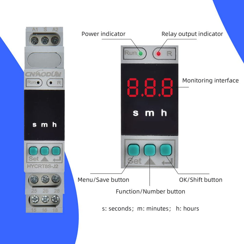 [Australia - AusPower] - CNAODUN Cyclic Time Delay Relay Digital Display Dual Outputs HYCRT8S-J2 AC/DC 24-240V Button Adjustment Cycle Time Relay DIN Rail Mount Type HYCRT8S-J2, Dual Outputs Cycle Delay 